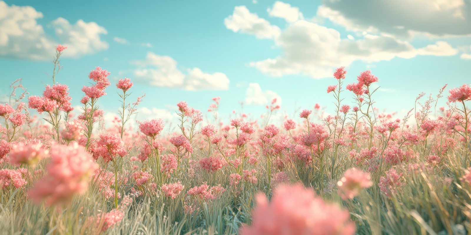 Vibrant pink flowers sway gently under a clear blue sky with fluffy clouds in a serene landscape during daylight hours